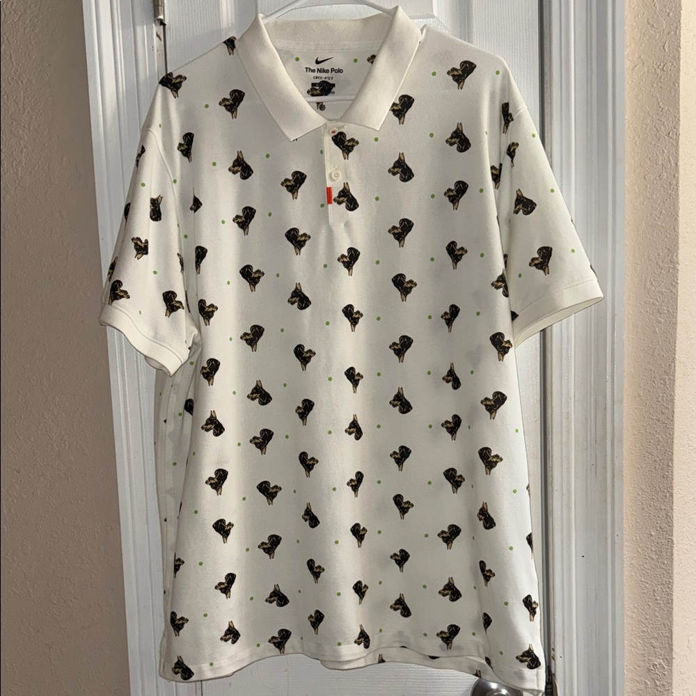 Nike Size XXL White Polo with Doberman Print and Green Dot Accents
